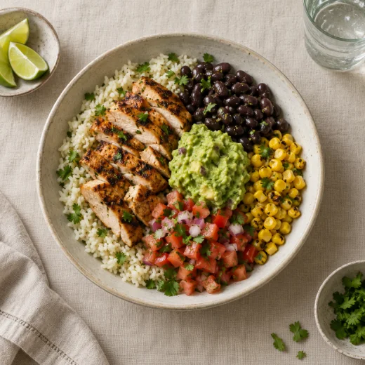 Chicken burrito bowl with guacamole