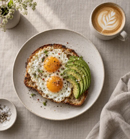 Fried eggs on sourdough with avocado and a flat white