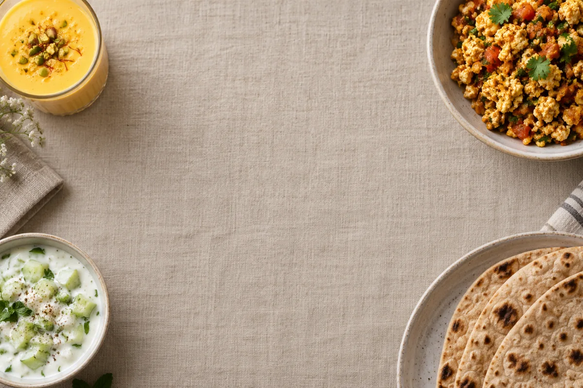 Paneer bhurji, rotis and a mango lassi on a linen table