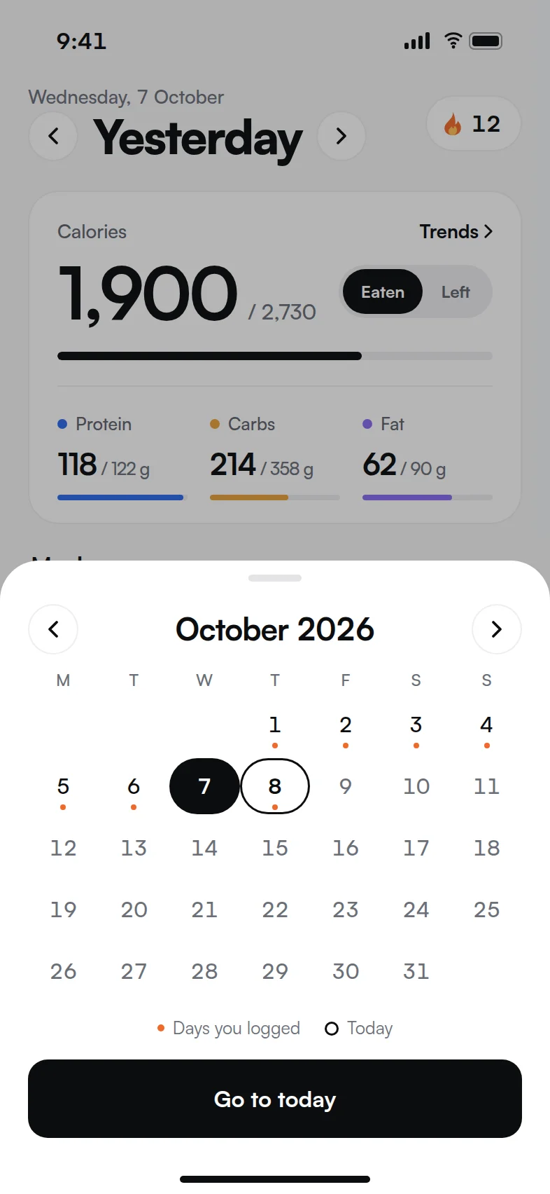 A calendar with dots on days with meals logged