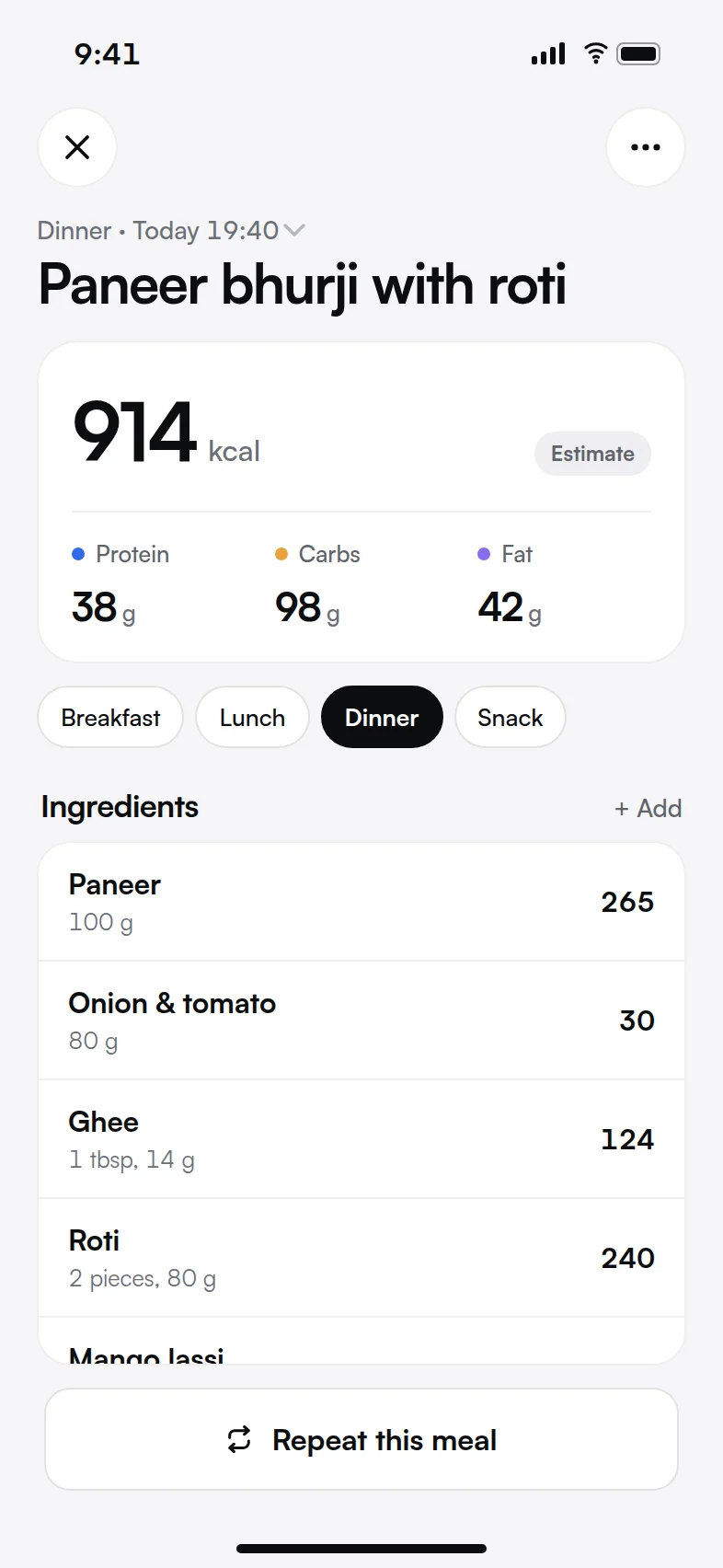 Meal detail: paneer bhurji with roti, 914 kcal, with every ingredient listed